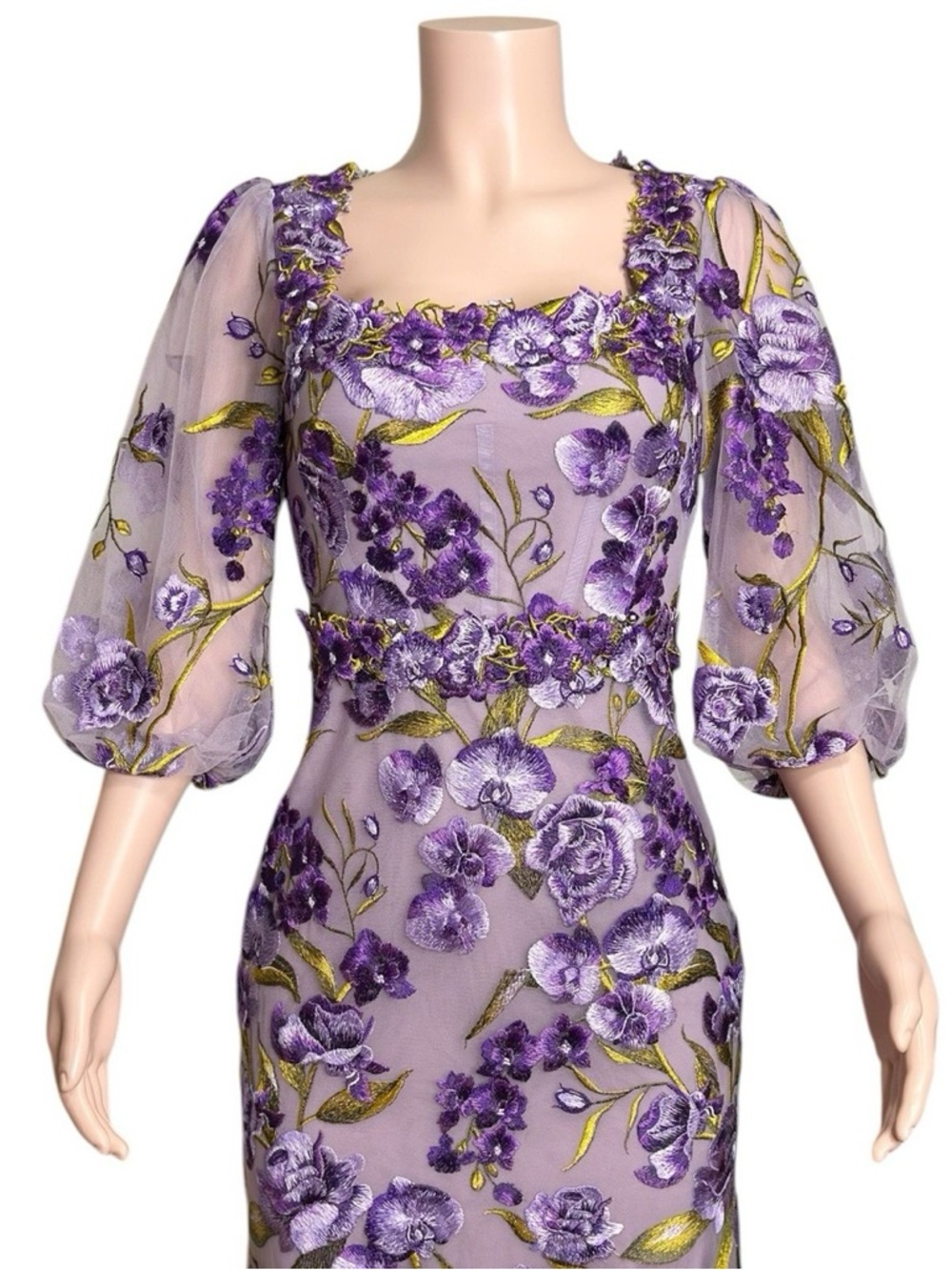 MARCHESA NOTTE Orchid & Rose Embroidered Tulle Cocktail Dress, Purple, 2 (US) - Picture 10 of 12